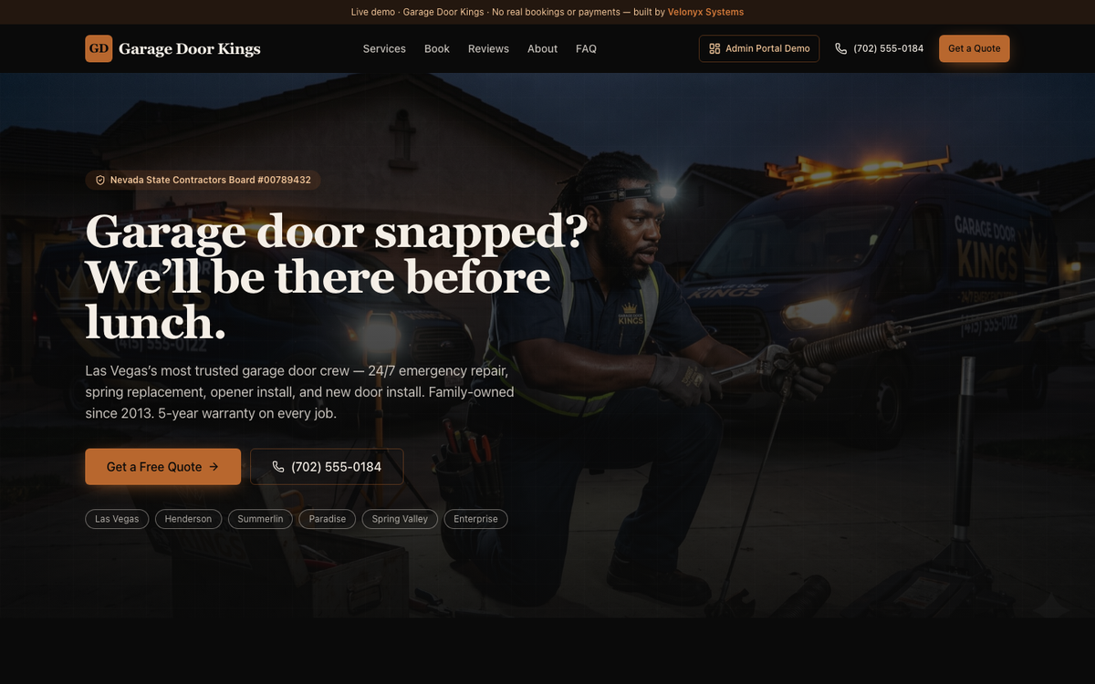 Live preview of gdk.velonyxsystems.com — the Garage Door Kings demo built on the Velonyx system