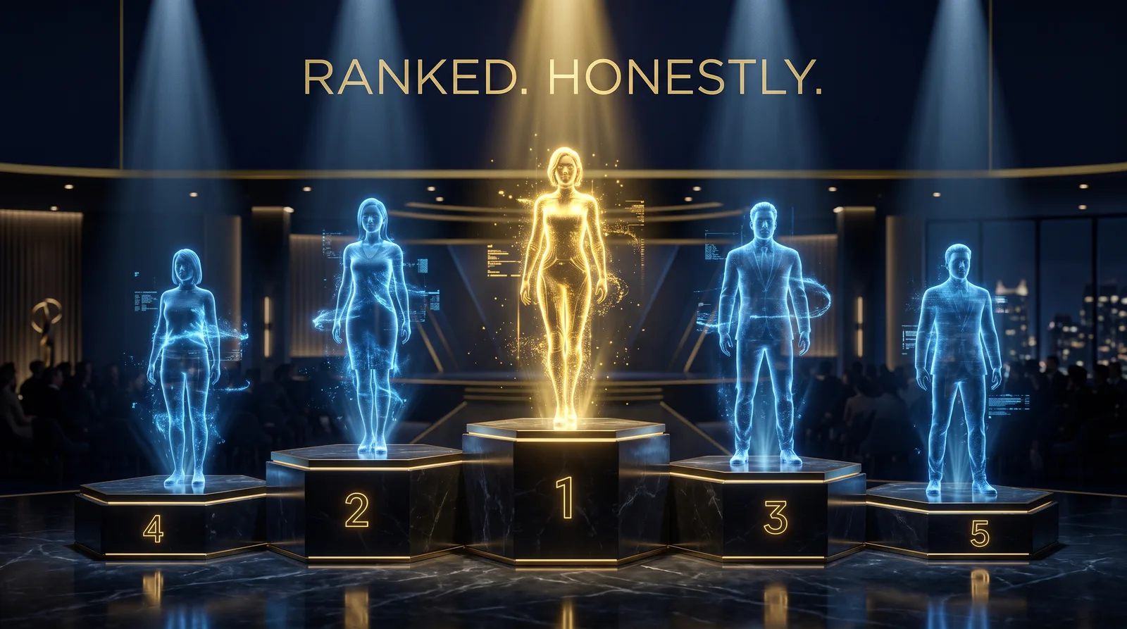 Five holographic AI receptionists on a ranking podium, number one glowing gold, under the words 'Ranked. Honestly.'