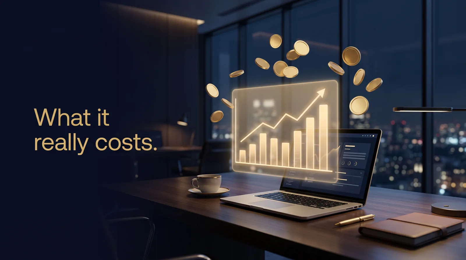 A glowing gold chart and falling coins above a business desk at night, with the words 'What it really costs.'