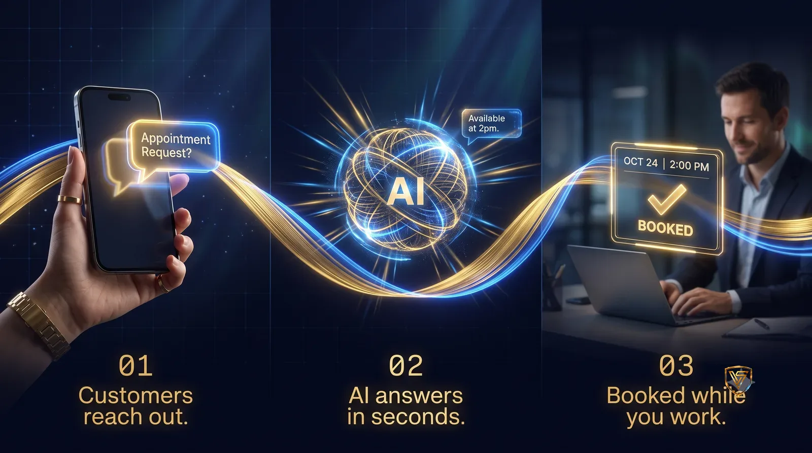Three steps: a customer reaches out, the AI answers in seconds, and the appointment is booked while you work