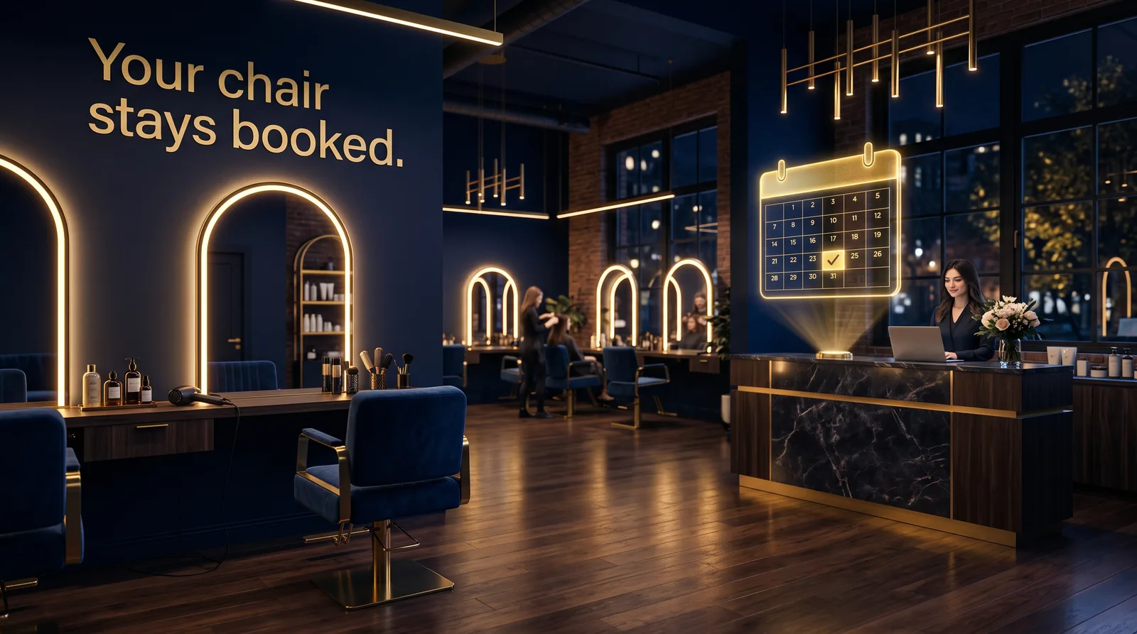 An upscale salon in navy and gold with a glowing booked calendar at the front desk, under the words 'Your chair stays booked.'