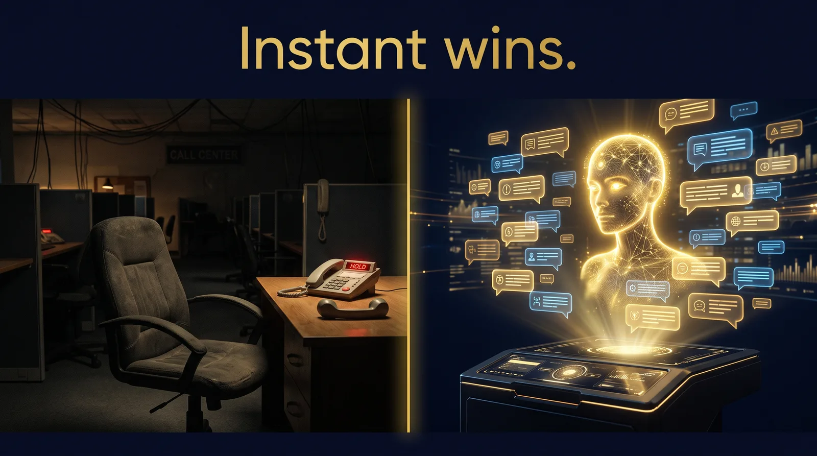 Split scene: a dark, empty call center with a phone on hold versus a glowing AI answering many chats at once, under the words 'Instant wins.'