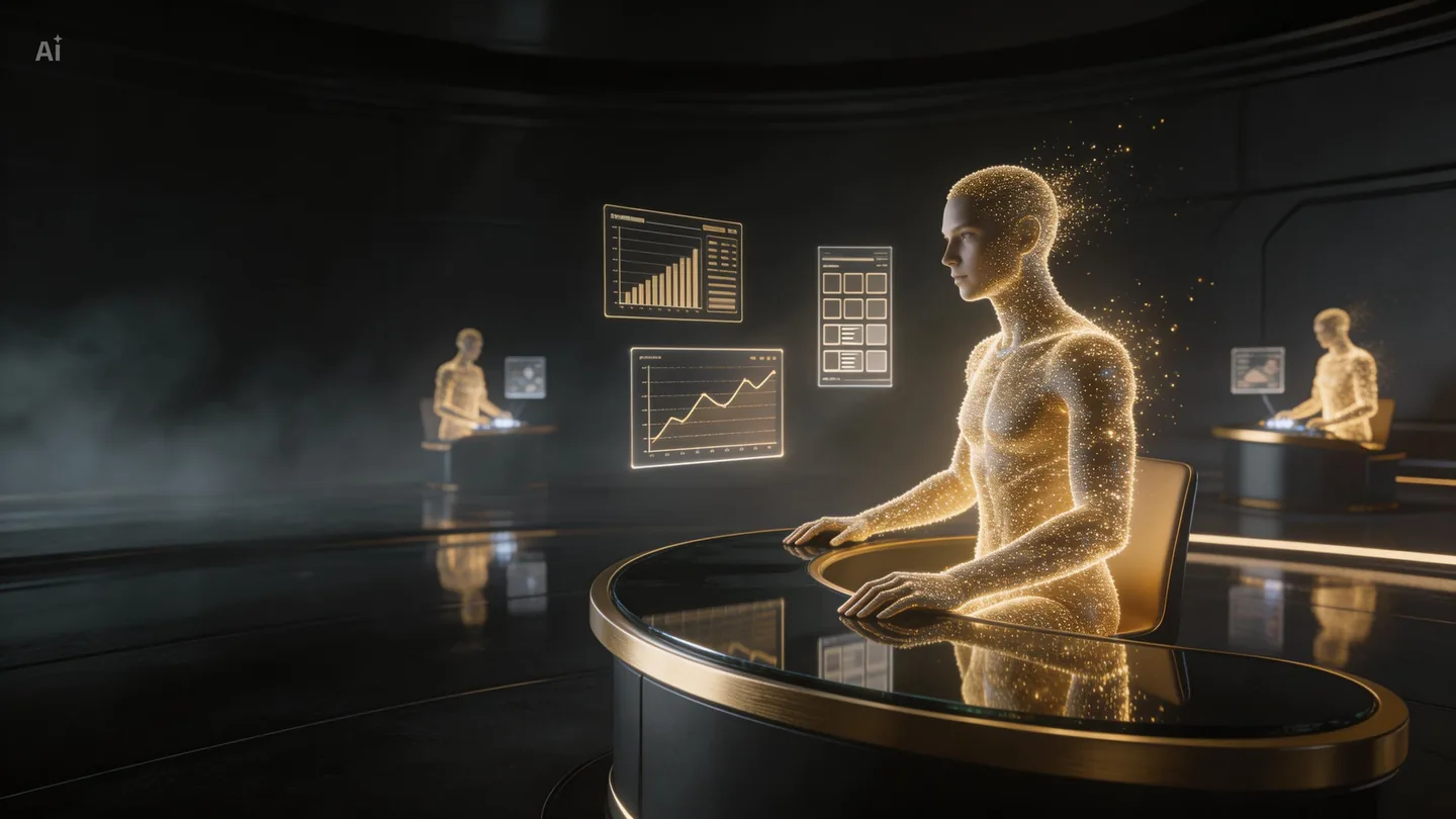 An AI receptionist rendered in golden light working at a front desk