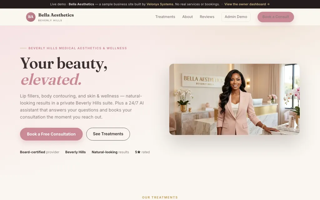 Bella Aesthetics demo — Beverly Hills medical aesthetics & wellness site built by Velonyx