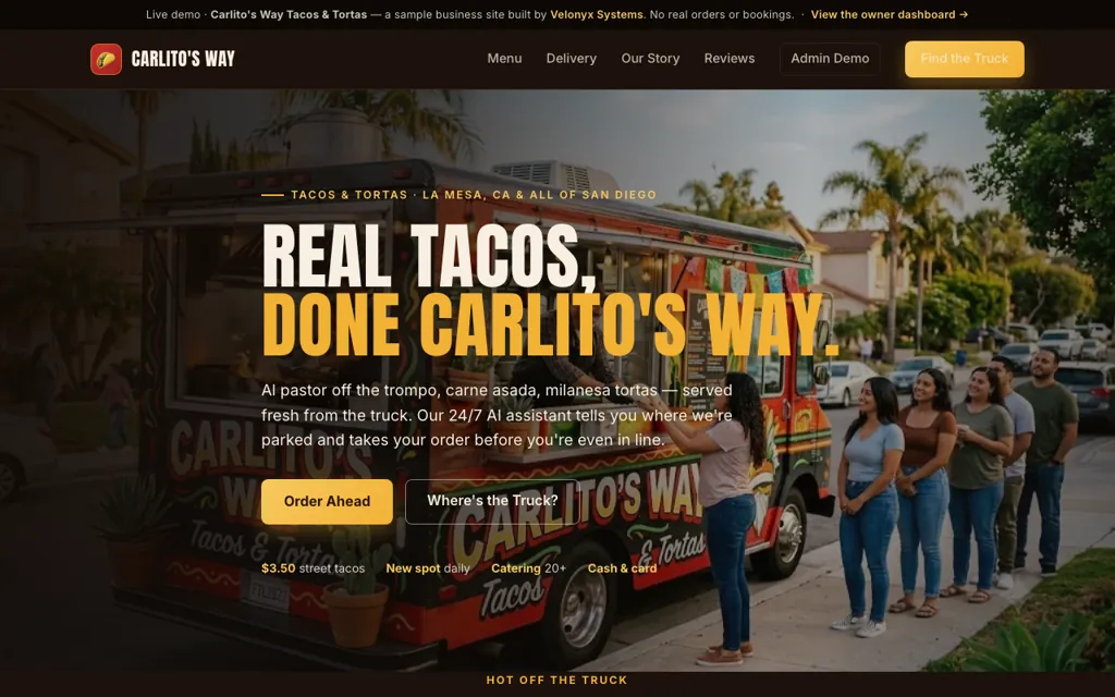 Carlito's Way Tacos & Tortas demo — La Mesa food truck site built by Velonyx