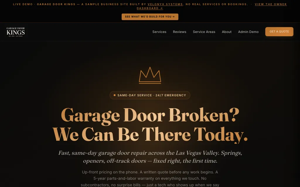 Garage Door Kings demo — Las Vegas garage door repair site built by Velonyx
