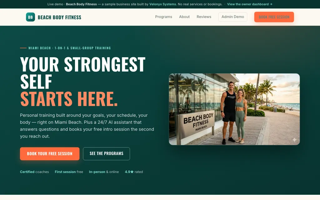 Beach Body Fitness demo — Miami Beach personal training site built by Velonyx