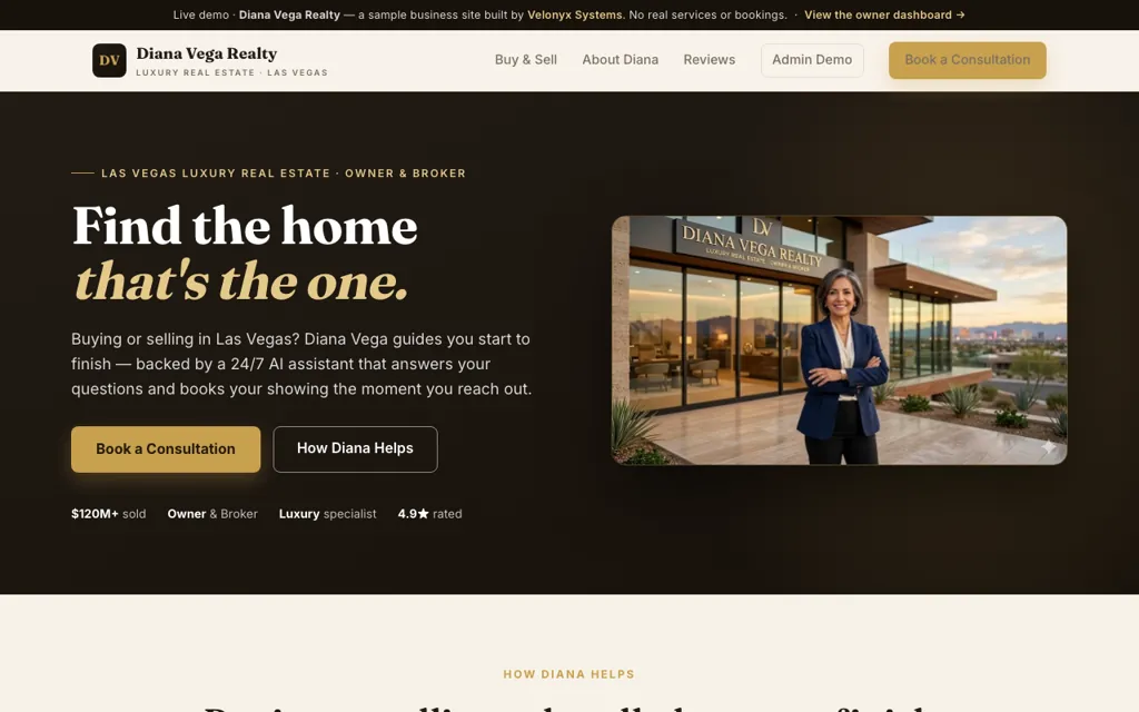 Diana Vega Realty demo — Las Vegas luxury real estate site built by Velonyx