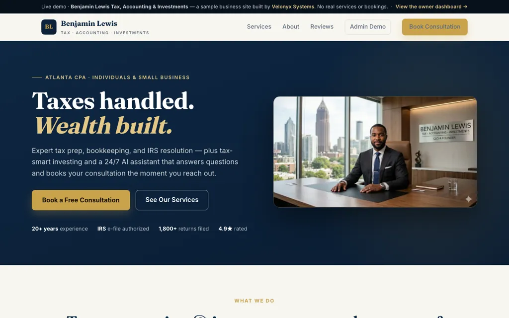 Benjamin Lewis Tax, Accounting & Investments demo — Atlanta CPA site built by Velonyx