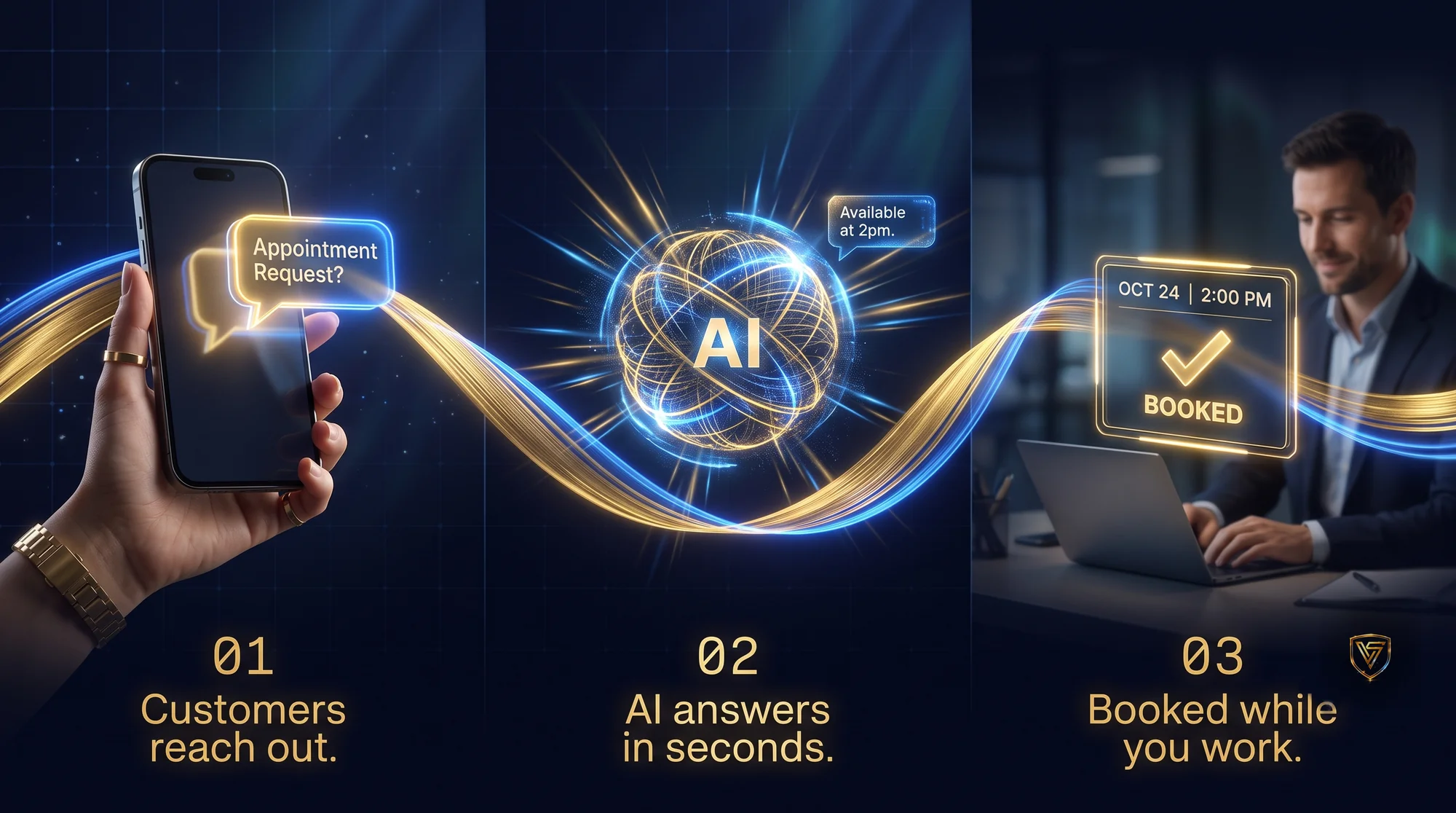 How your AI works: customers reach out, the AI answers in seconds, and the appointment is booked while you work.