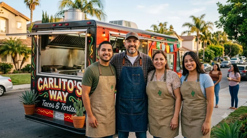 The Carlito's Way family in aprons in front of the taco truck