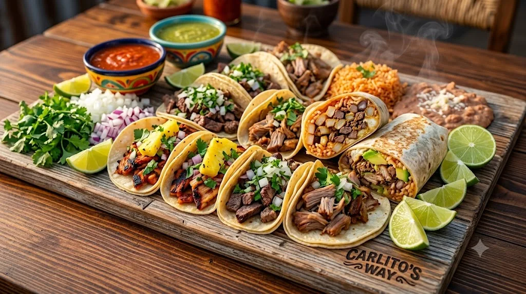 A spread of Carlito's Way tacos, burritos, rice, beans, salsa and lime on a wooden board