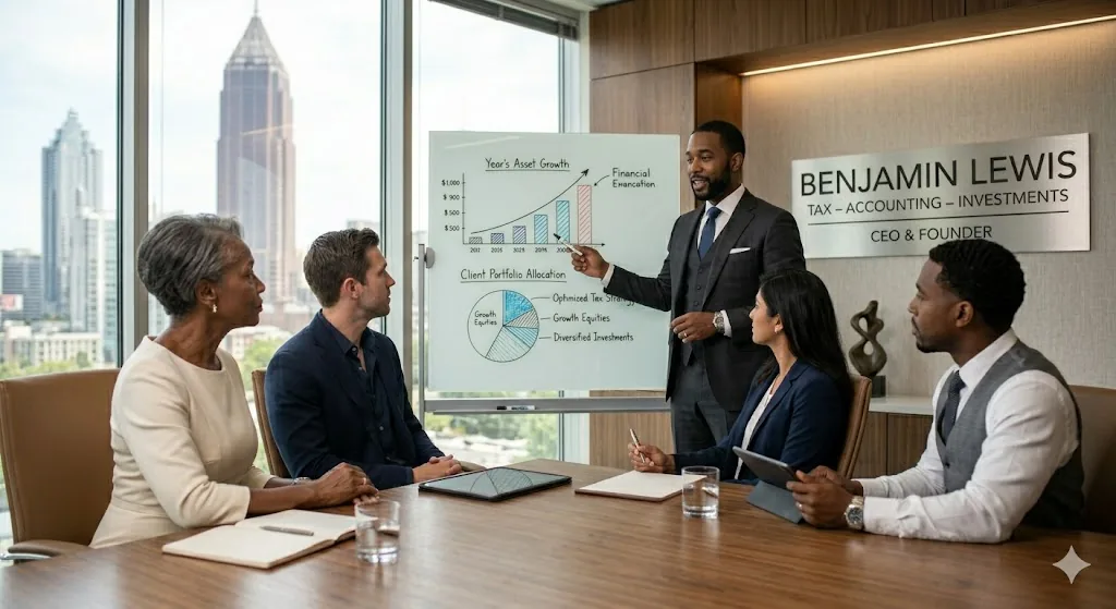 Benjamin Lewis presenting an investment strategy